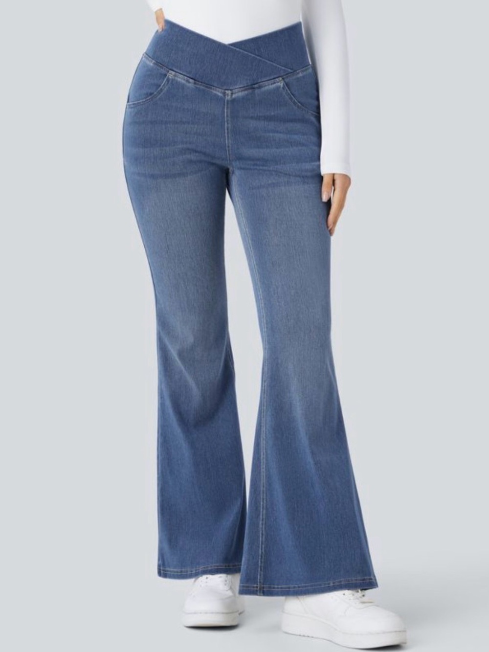 Halara Flex High Waisted Crossover Pocket Flare Jeans Size Large Petite